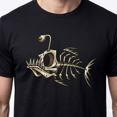 Skeleton Fish T Shirt Men Anglerfish Graphic Tee Deep Sea Fishing Apparel Black