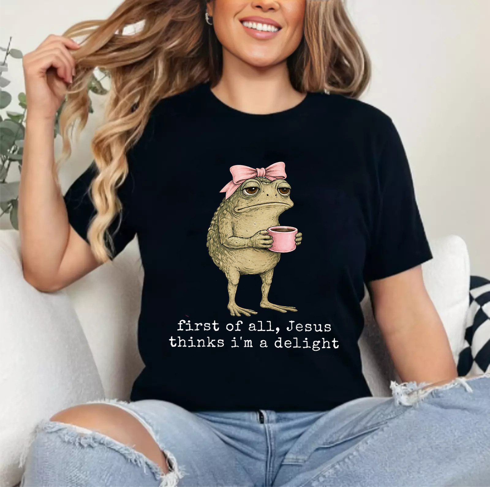 First of All Jesus Thinks I'm A Delight Frog Meme T-Shirt gallery