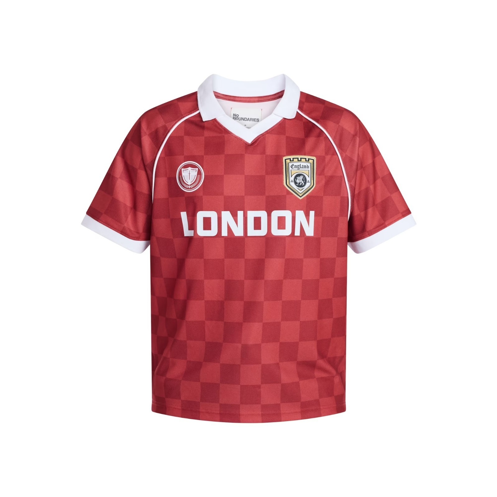 No Boundaries Red & White London Soccer Jersey XS Chest 33 Checkered Pattern