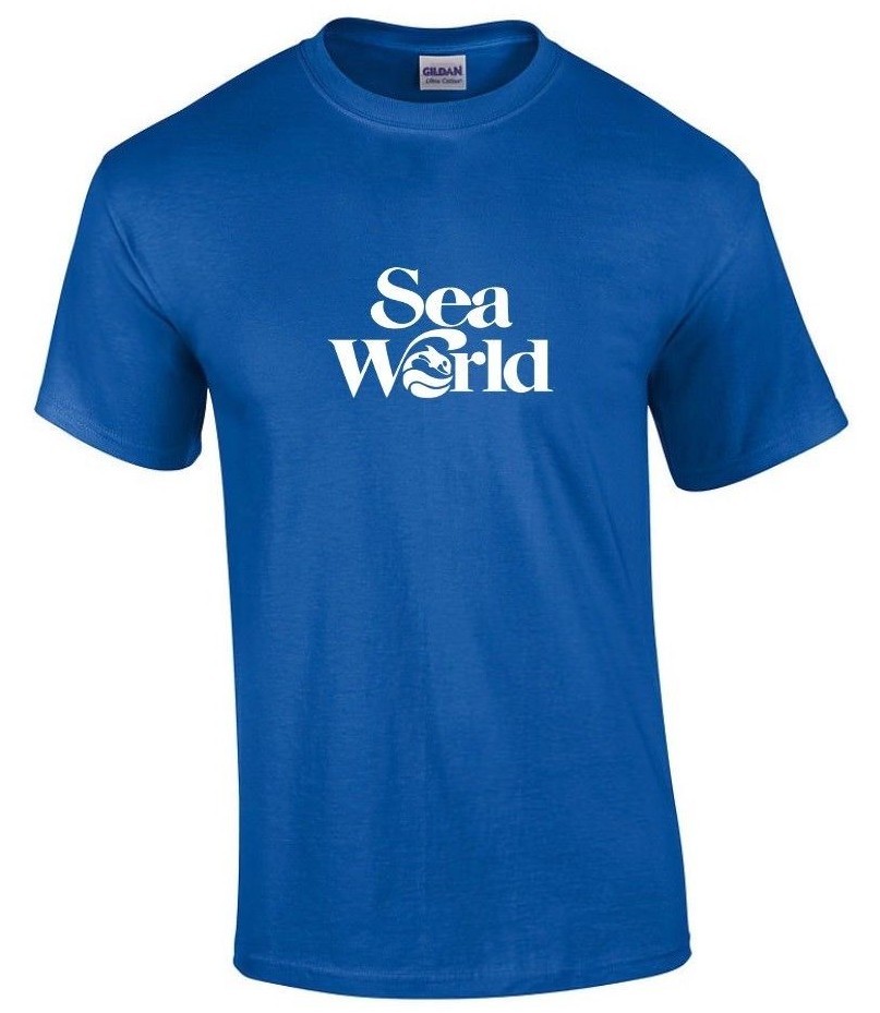 Sea World White Logo Cool Marine Animal Cool 80s 90s Royal Blue Cotton T-Shirt