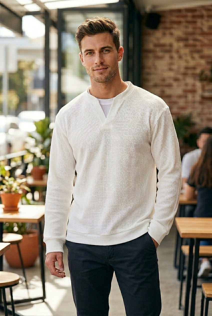 Men’s Premium Waffle-Knit Long Sleeve Henley Shirt – Versatile & Comfortable