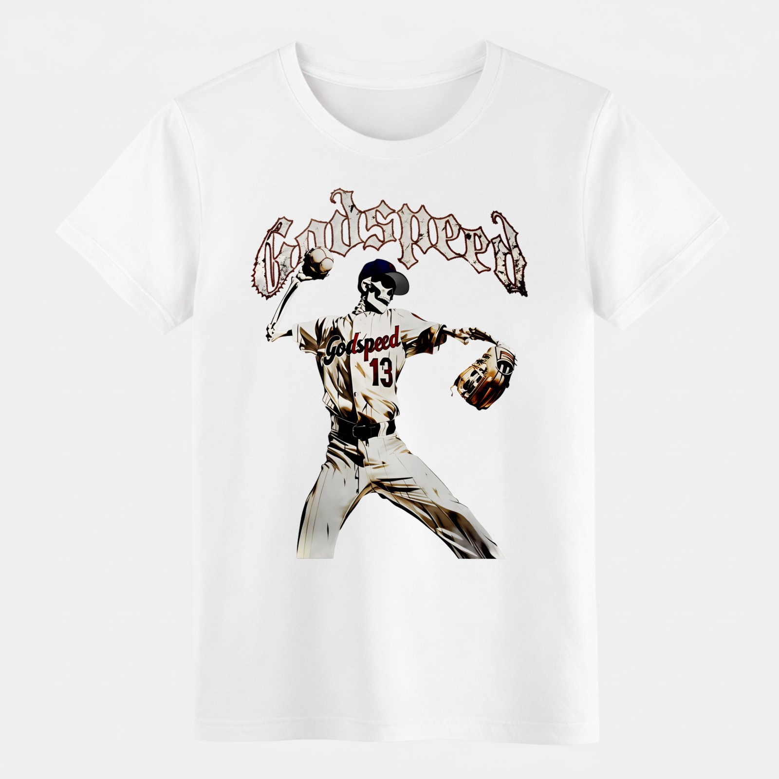 Godspeed Skeleton Baseball Pitcher T-Shirt Gothic Sports Graphic Streetwear Tee gallery