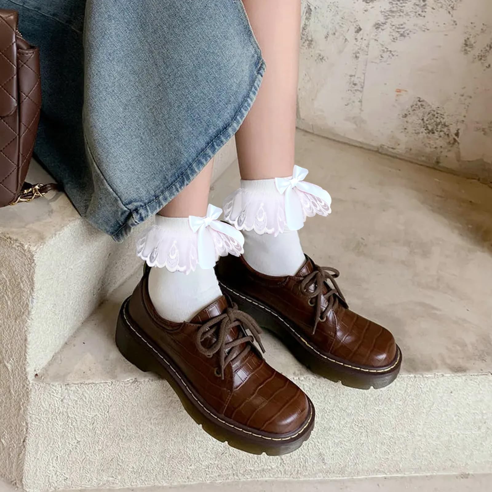 Womens White Ruffle Socks with Bow Ankle Lace Trim Frilly Socks Summer gallery