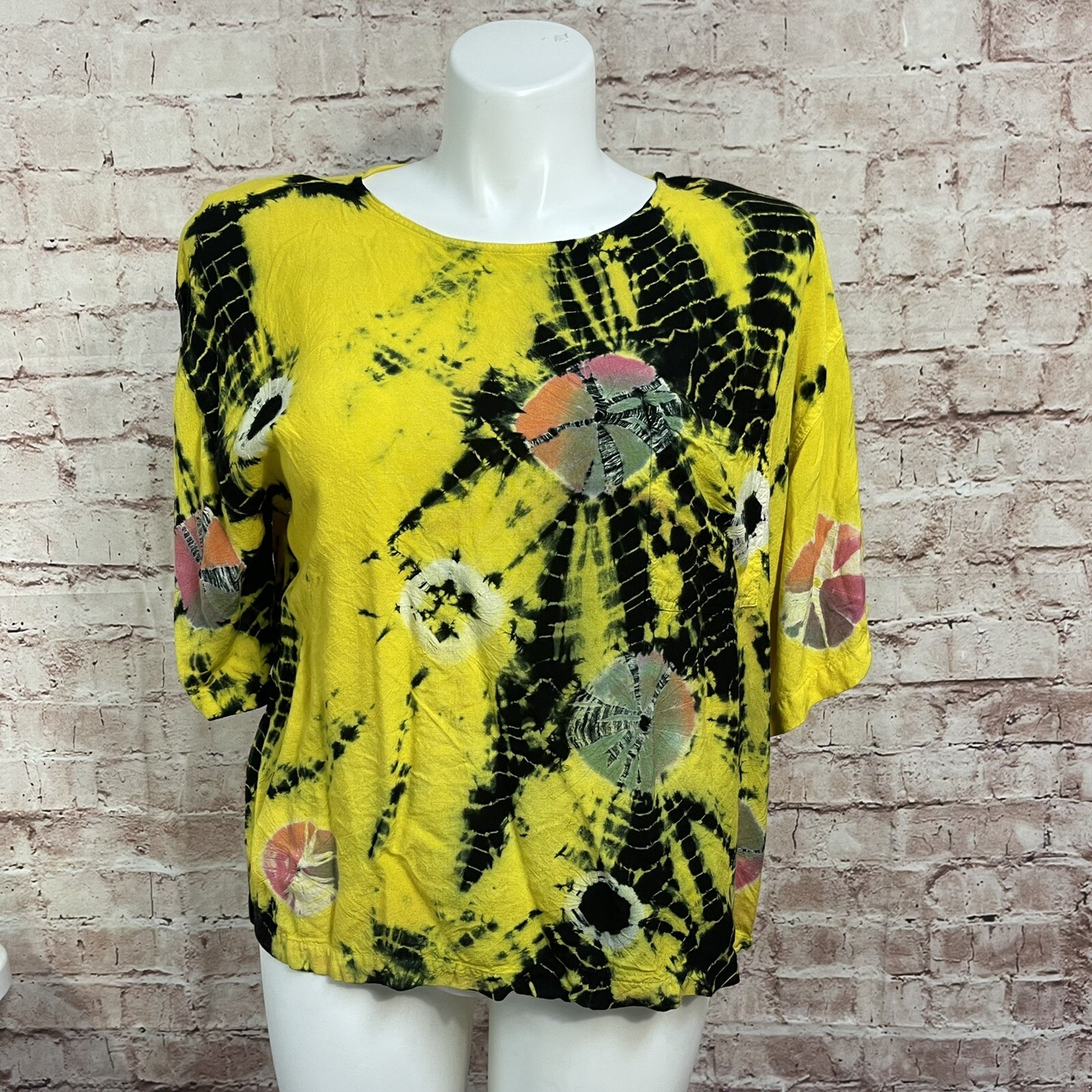 Vintage Tiedye shirt Shoulder Pads Yellow India Women Large Blouse gallery