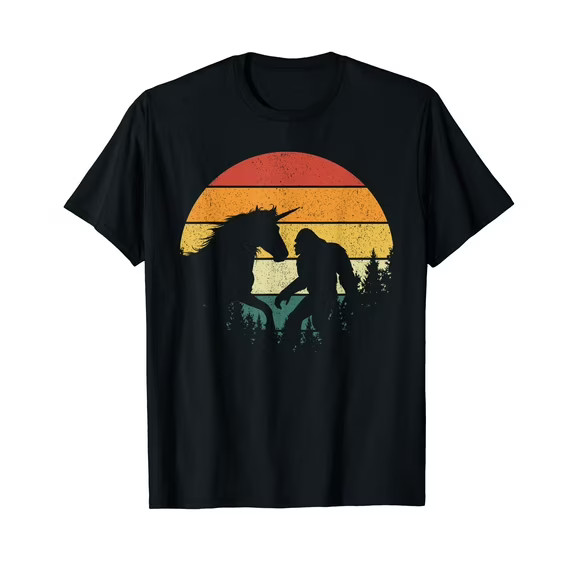 Bigfoot Walking Unicorn Horse Riding Black T-Shirt gallery