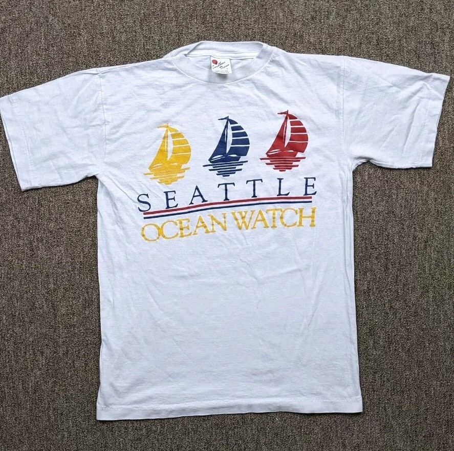 Vintage Shirt Men S White SEATTLE OCEAN WATCH Sailboats Graphic Nautical Tee