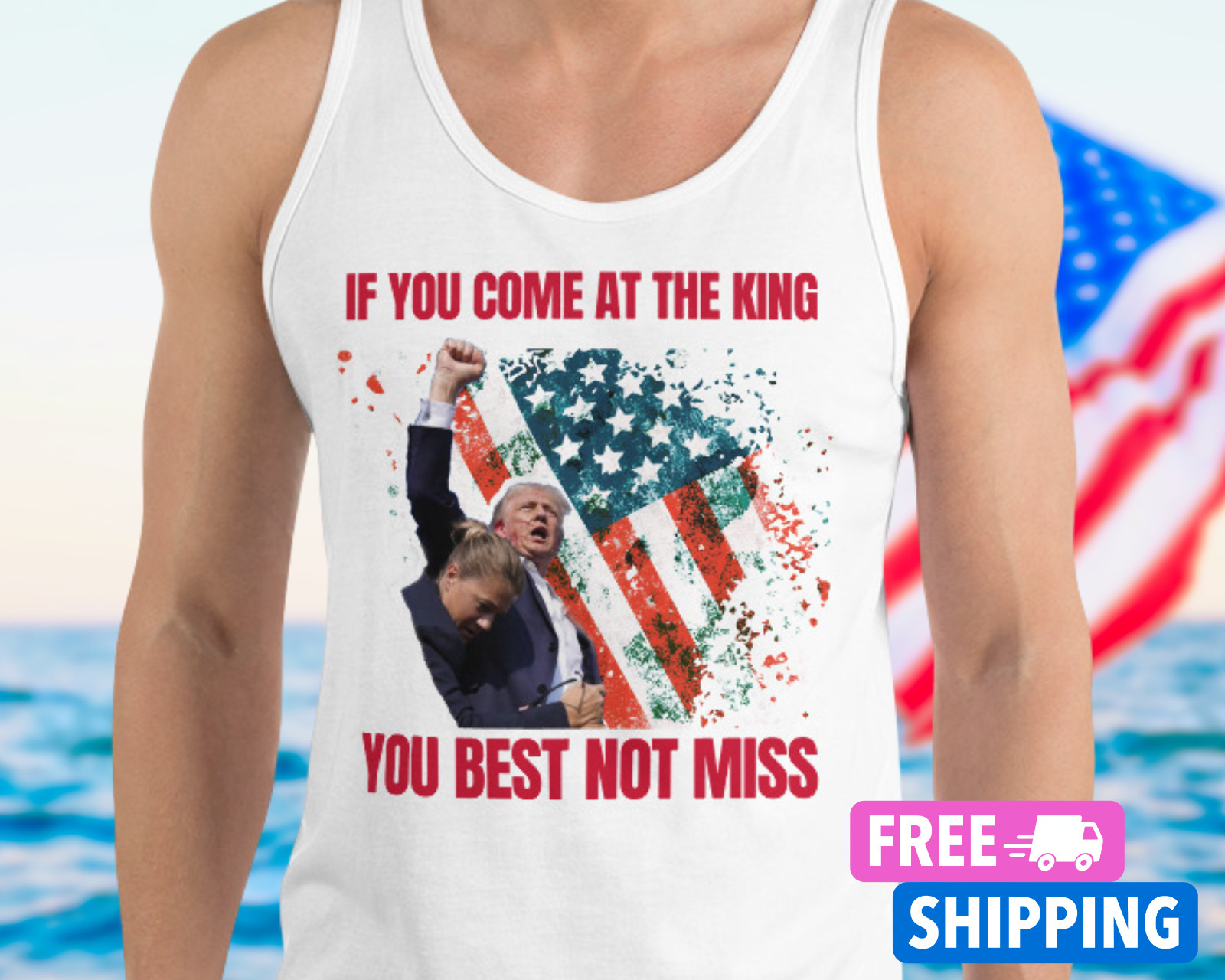 NEW Trump Tanktop Butler PA Rally "If You Come At The King"Trump Shot Tanktop gallery