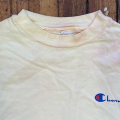 Vintage Champion Script Logo Pale Yellow Classic T-Shirt Made In The USA