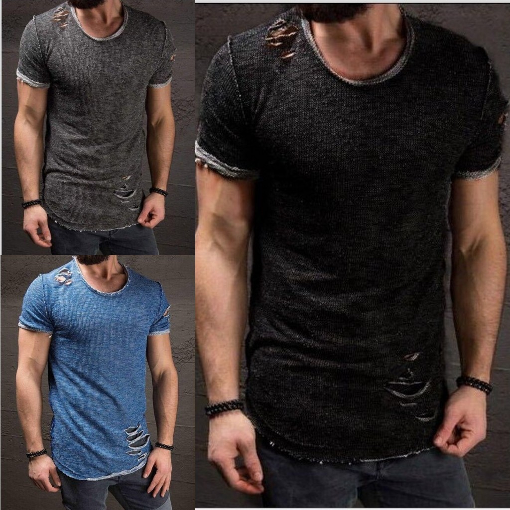 Hot Men's Slim Fit O Neck Short Sleeve Muscle Tops T-shirt Ripped Casual Blouse gallery