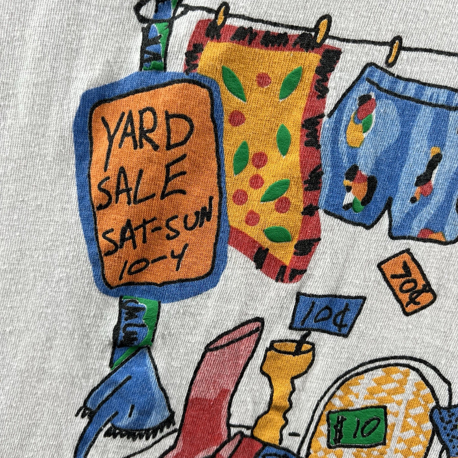 Vintage Yard Sale Shirt Mens OSFA White Single Stitch Puff Print Cartoon 90s USA gallery