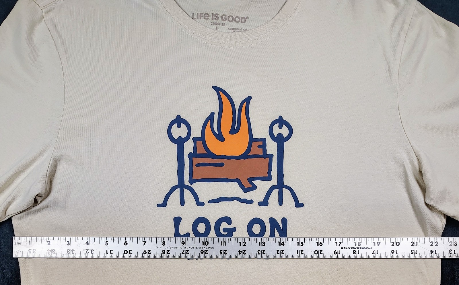 NEW Life Is Good "Log On" Fireplace LS Crusher T-Shirt Size L Beige Winter Fall gallery