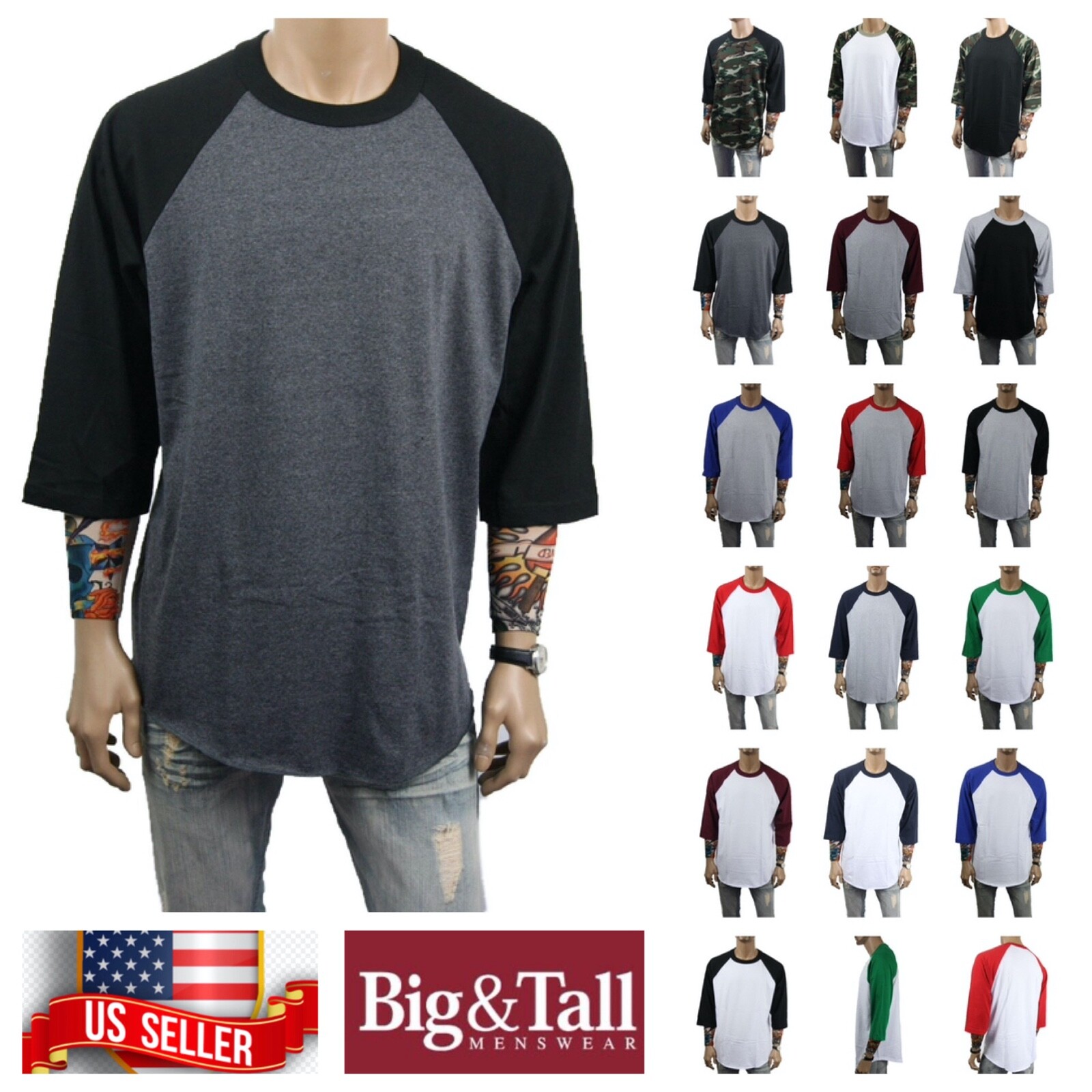 Men S-3XL Baseball Plain T-Shirt Lot 3/4 Sleeve Raglan Crew Neck Sports Jersey gallery