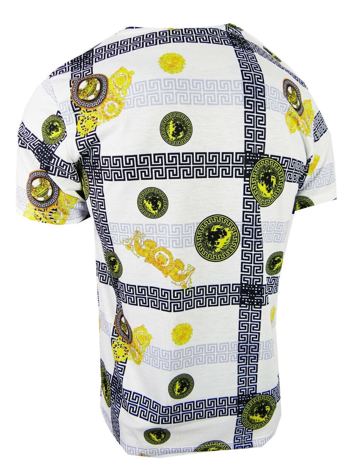 Mens White T-Shirt Designer Italian Stripe Gold Leaf Floral Animal Slim Fit gallery
