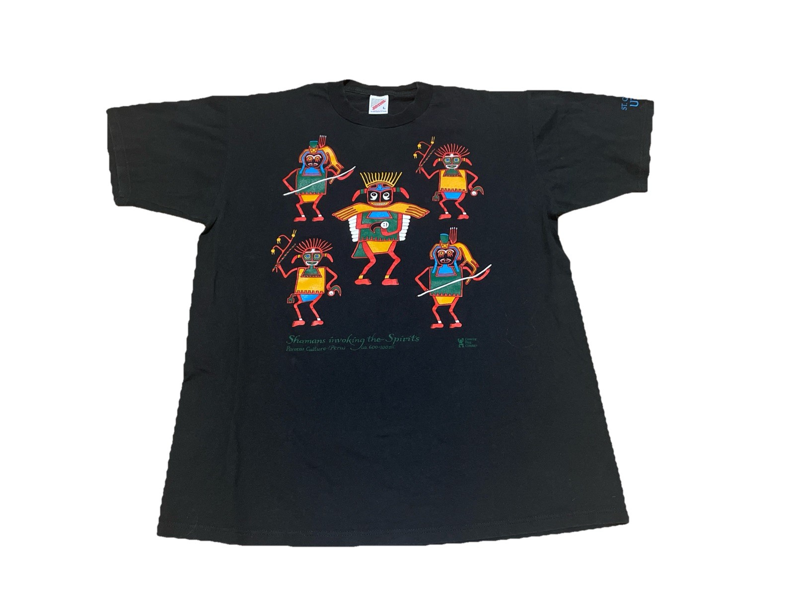 Vintage 90s Peru Shaman Shirt Size Large Indigenous Tribe Cultural Tee Black