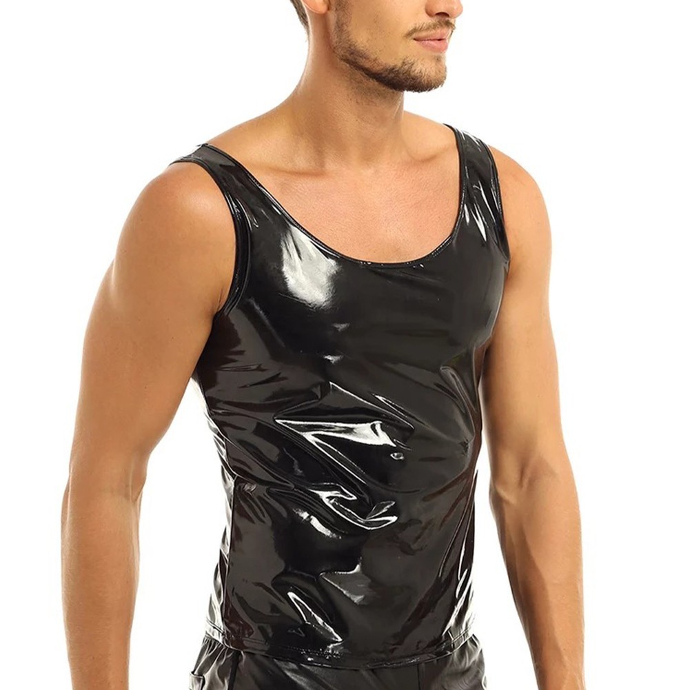 Men's Summer Style Black Wet Look Patent Leather Sleeveless Tank Top Vest gallery