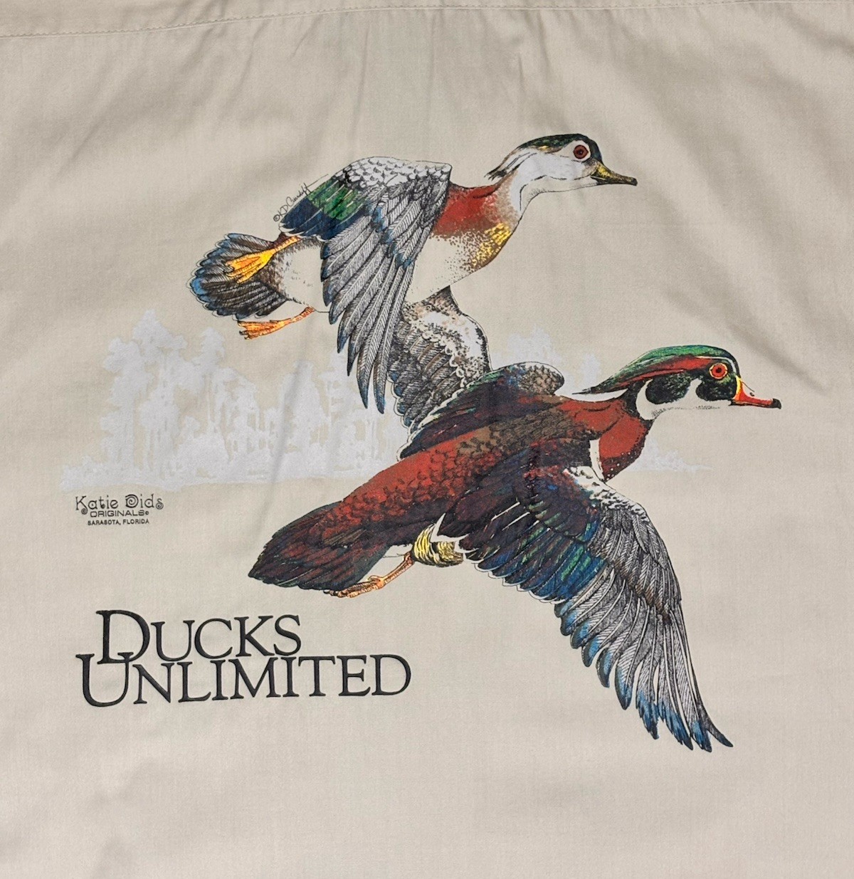 Vintage Ducks Unlimited Safari Hunting Shirt XL Khaki Wood Duck Graphic USA 0408