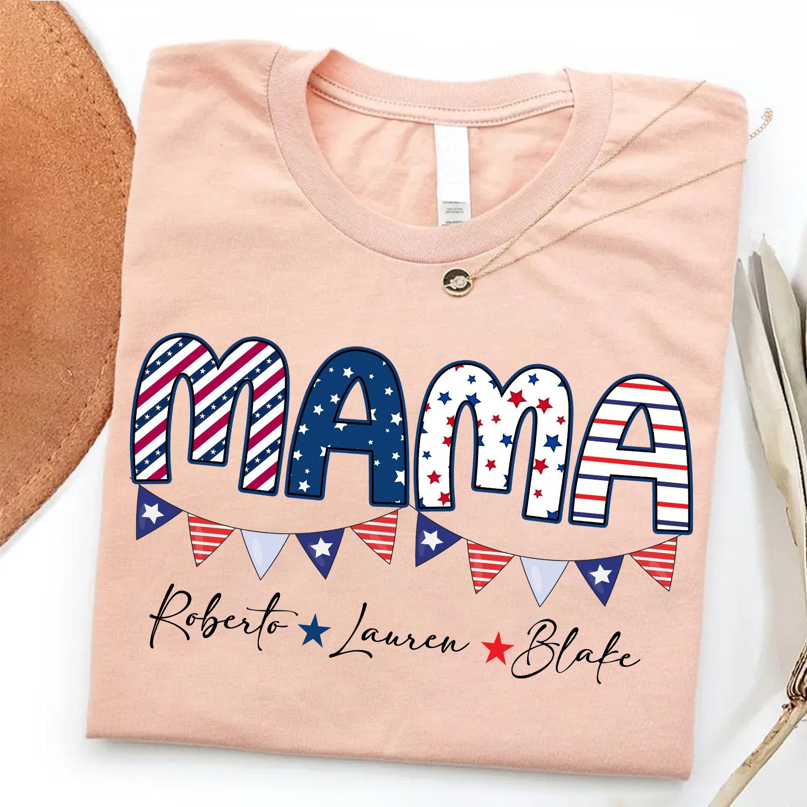 Personalized Mama Shirt Kids Name Patriotic Mother Gift 4th of July USA Flag Tee gallery