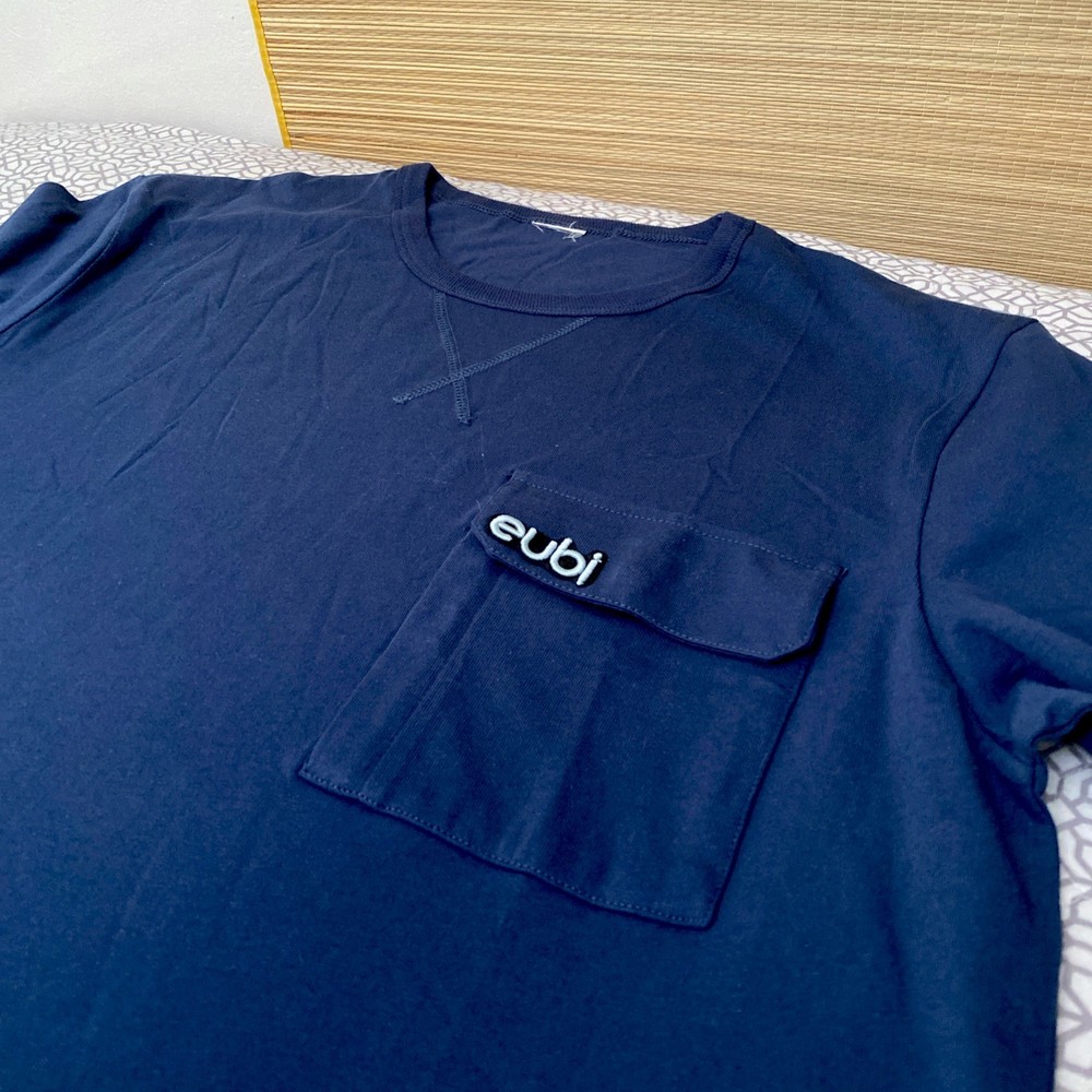 Eubi Shirt Men’s Large Single Pocket Tee Navy Blue T-Shirt Cotton Round Neck