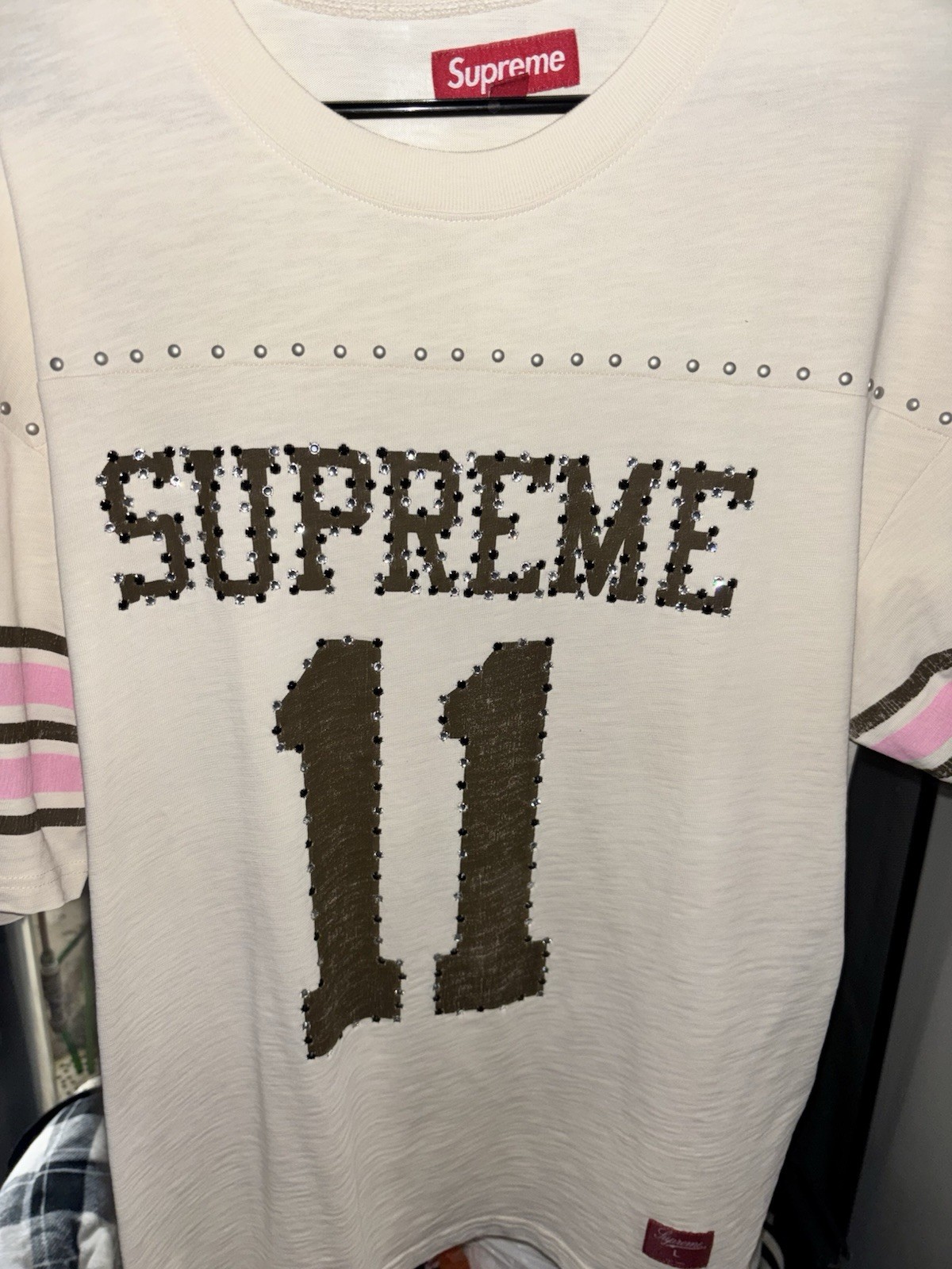 Supreme Men's White Studded Logo Graphic Cotton Knit Crewneck T-Shirt L gallery