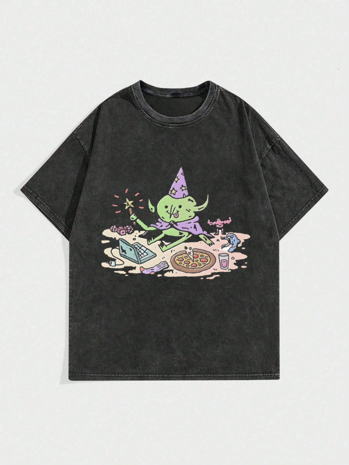 Men’s Vintage Acid Wash Cotton T-Shirt Streetwear Chaos Wizard Graphic Tee