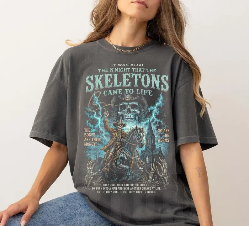 Skeleton Cowboy Shirt, Western Horror Graphic Tee, Night Skeletons Came To Life gallery