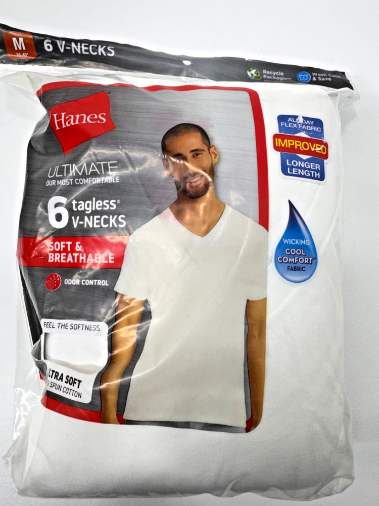 Hanes Ultimate Tagless V-Necks M Cotton Undershirts Longer Length Cool Comfort