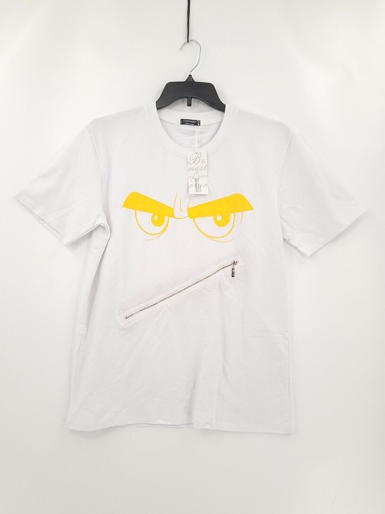 NWT Coofandy Mens Small White Short Sleeve Graphic Zip Across The Front T Shirt