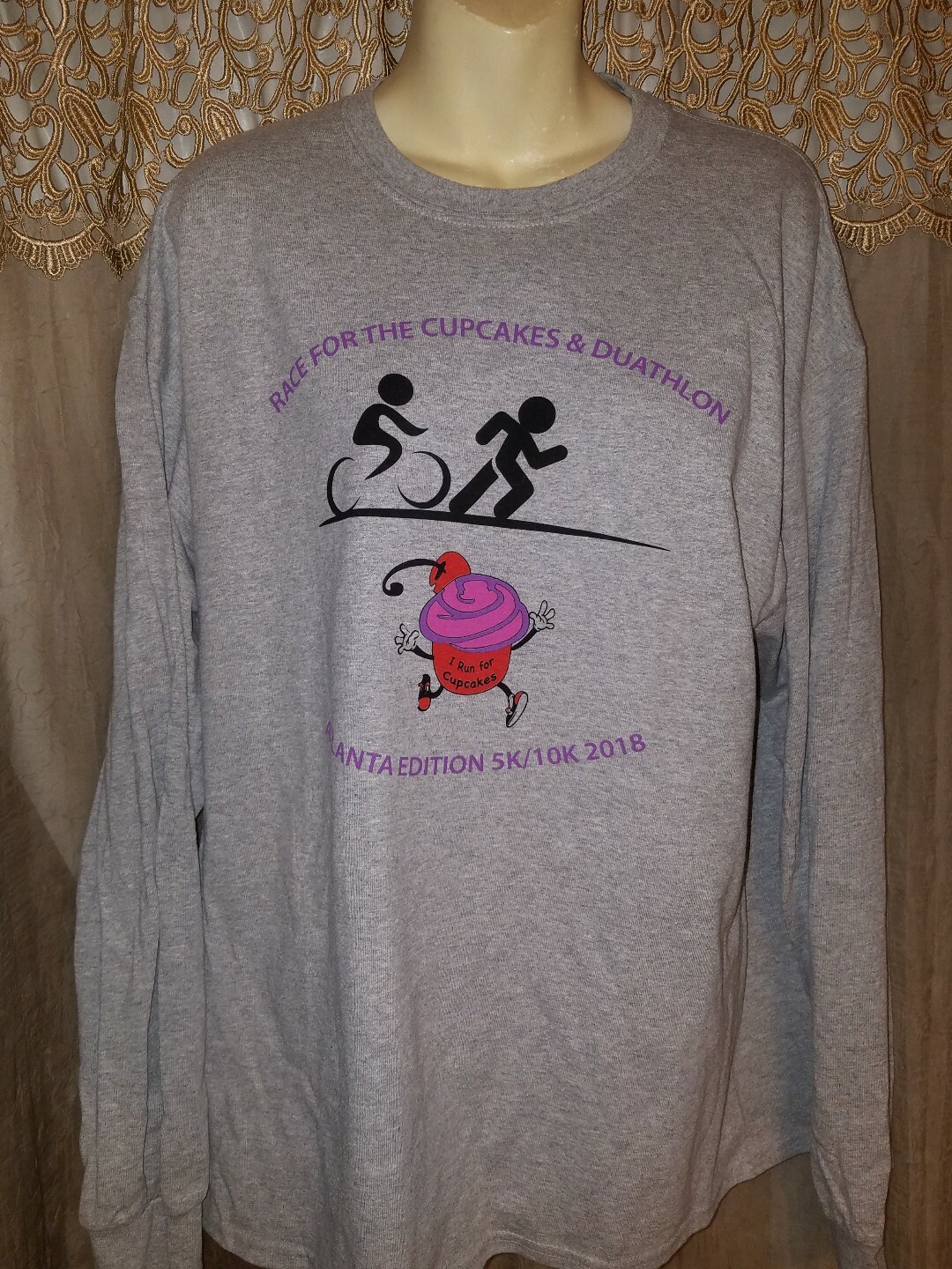 Adult XL Gray Long Sleeve “Race for the Cupcakes/Duathlon” Polycotton Race Top
