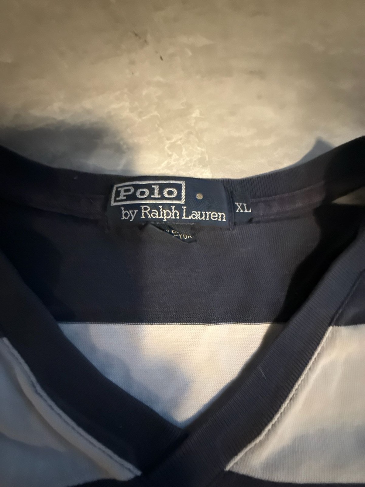 Polo Ralph Lauren Navy Blue & White Striped T-Shirt Size XL Bottom Hem Logo gallery