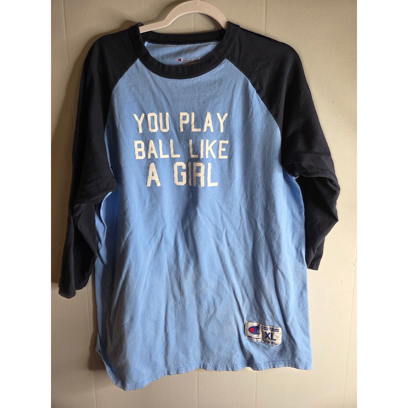 Champion Mens XL Blue You Play Ball Like A Girl Raglan Baseball 3/4 Sleeve Tee