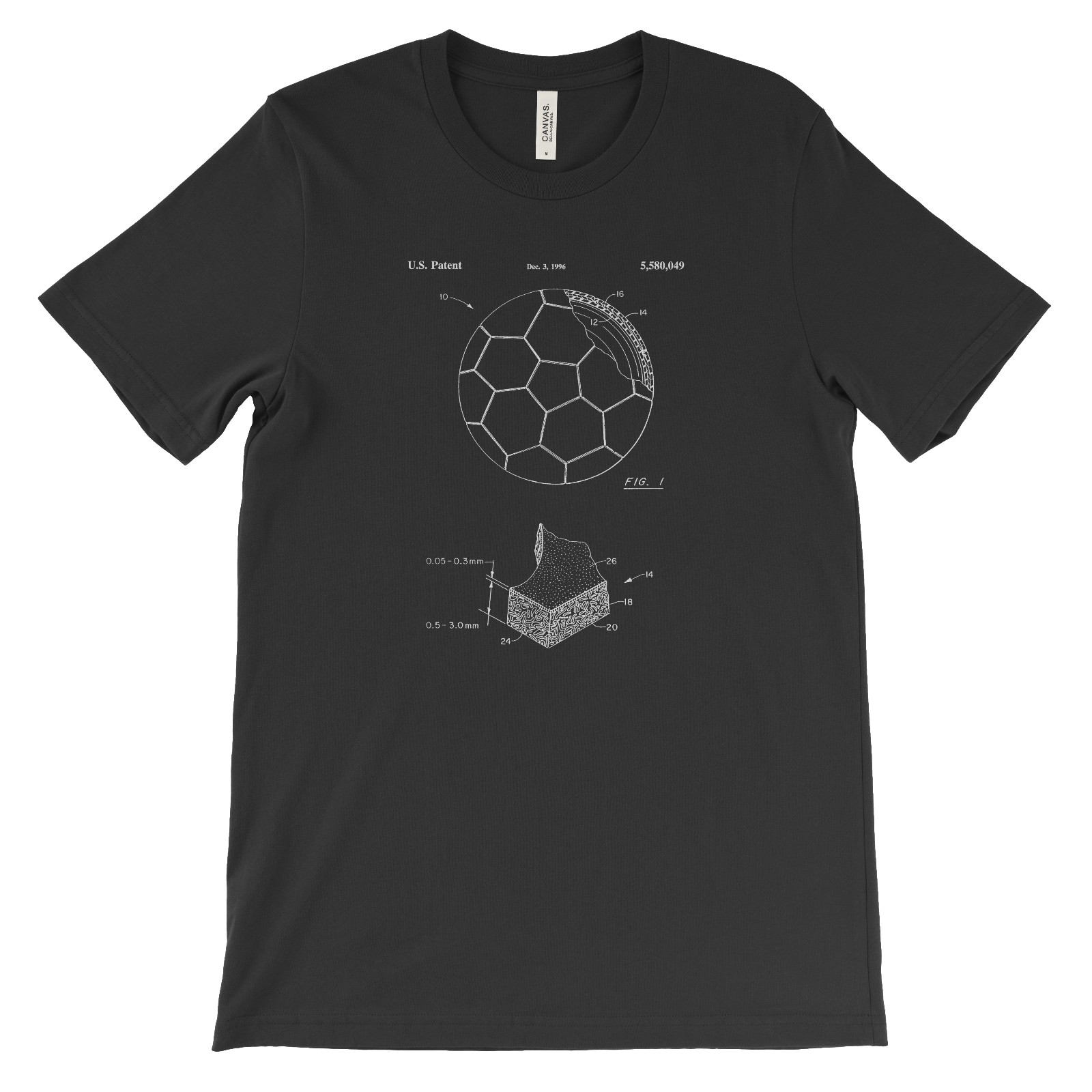 Soccer Ball Patent T-Shirt.100% Cotton Comfy Tee on Black White or Gray. NEW