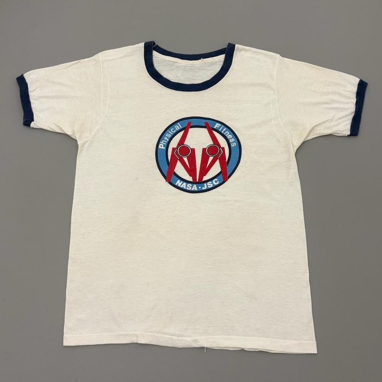 Vintage 70s Nasa Fitness Ringer Shirt White Polycotton Space Size Medium
