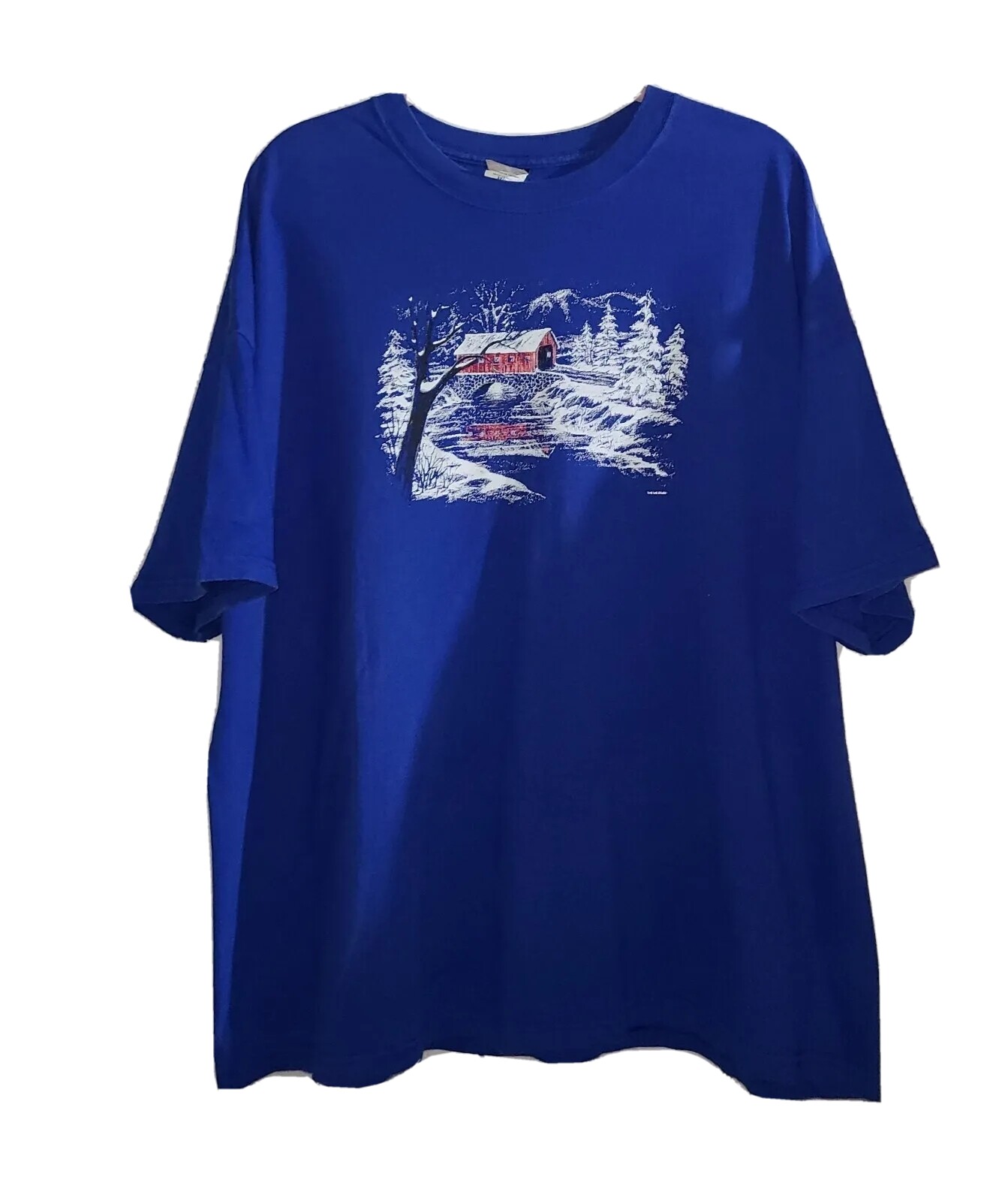 Hanes Blue Coverd Bridge Snow Winter Scene T-shirt Size 3XL