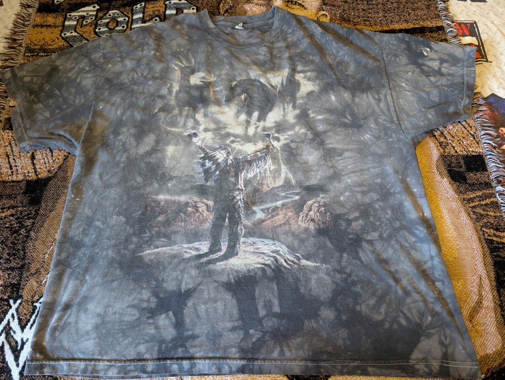Native American T Shirt Medium 3XL Grey Tie Dye Horses Shaman Lightning Mountain