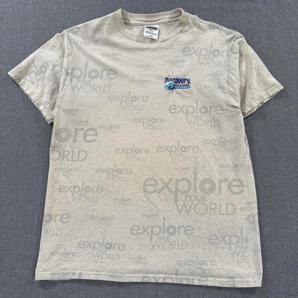 Vintage 90s Discovery Channel T-shirt All Over Print TV Promo Tan Mens Large gallery