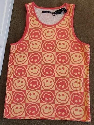 Mens Edgar +Ash Smiley Face Tank Top Size S M L XL 2X Coral Peach Happy NWT