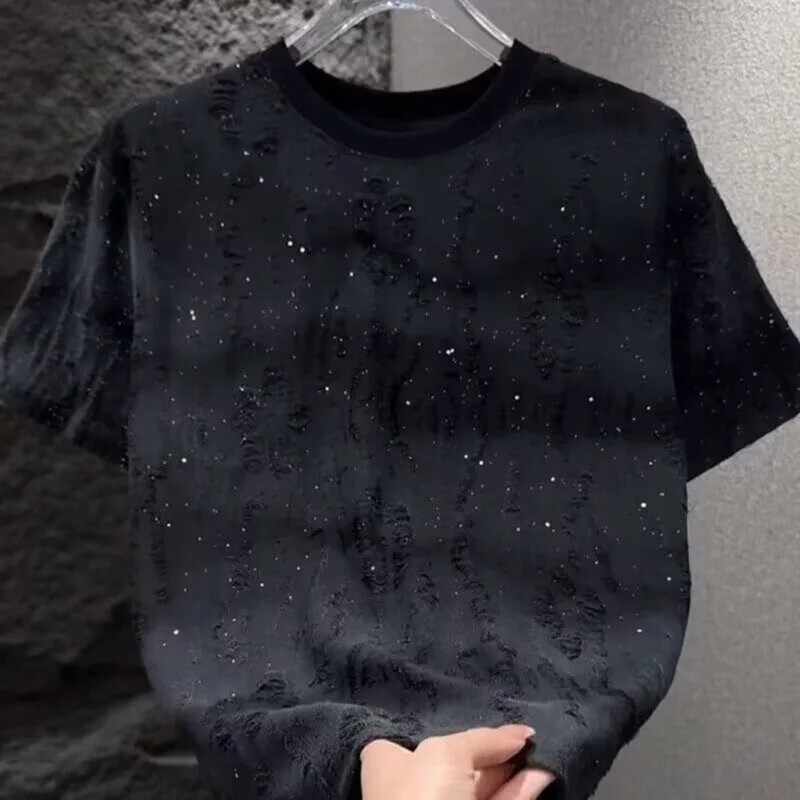 Men Luxury Fashion Trendy Ripped Sequin Diamond Rhinestone Summer T-shirt gallery