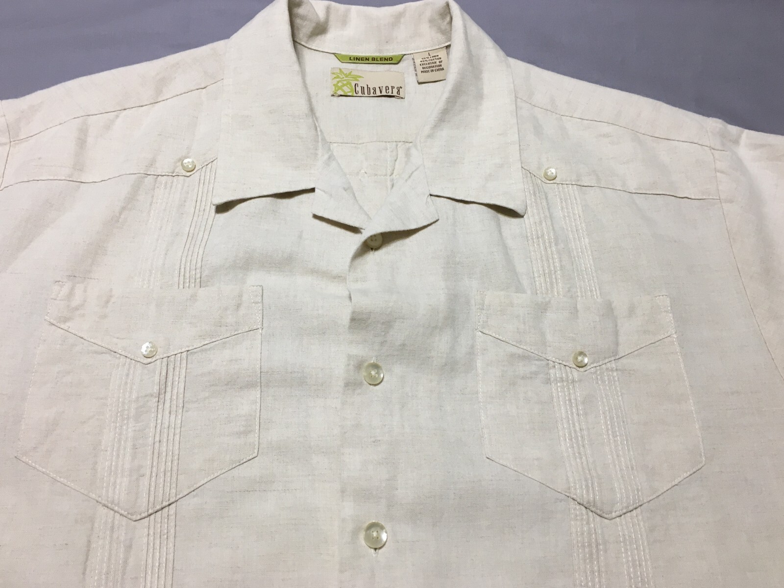 Mens Cubavera Sz L Beige Linen Blend Caribbean Button Up Shirt Great Details VGC gallery