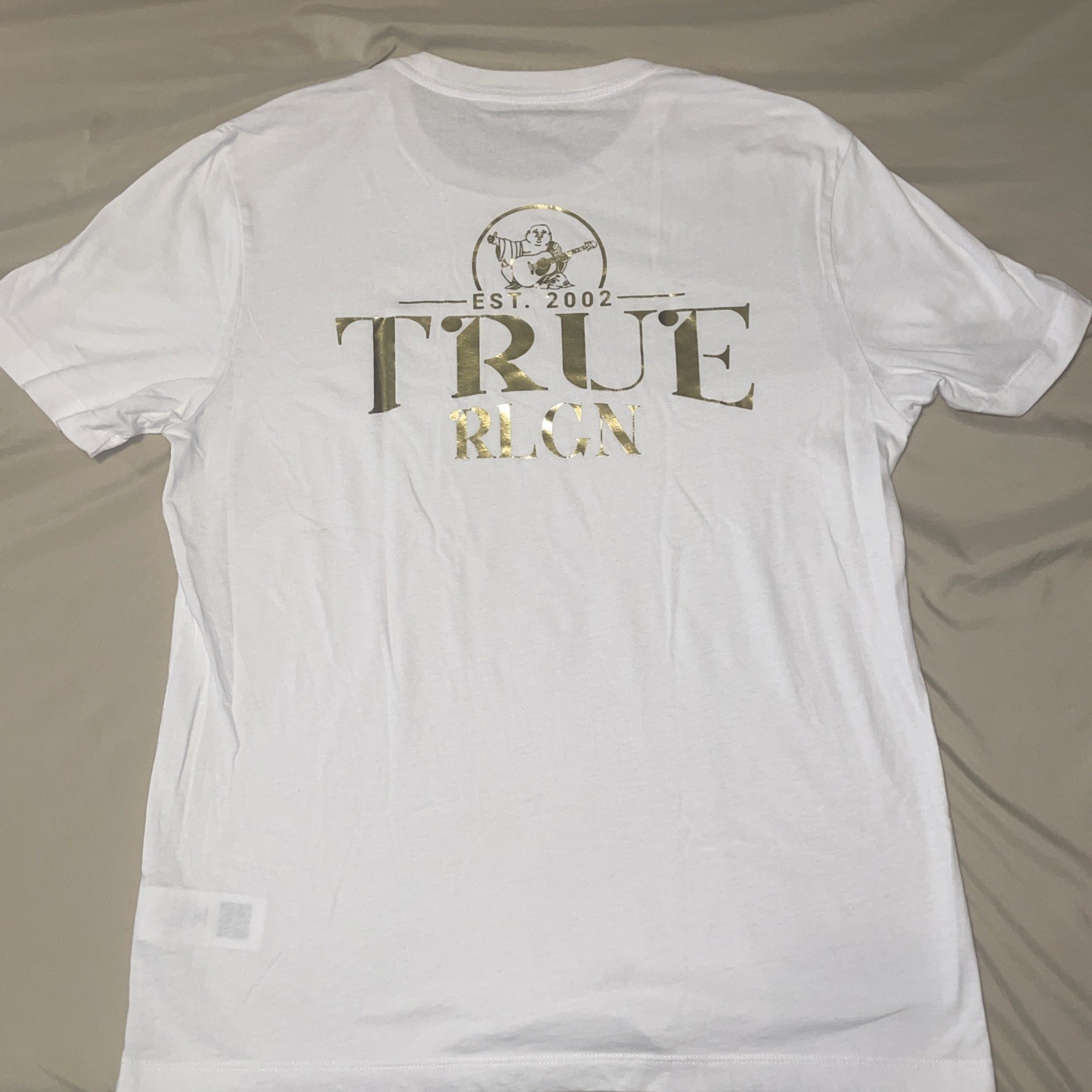 TrueReligion Tshirt Mens•M White Gold Monk Buddha Embossed Logo Graphic CrewNeck gallery