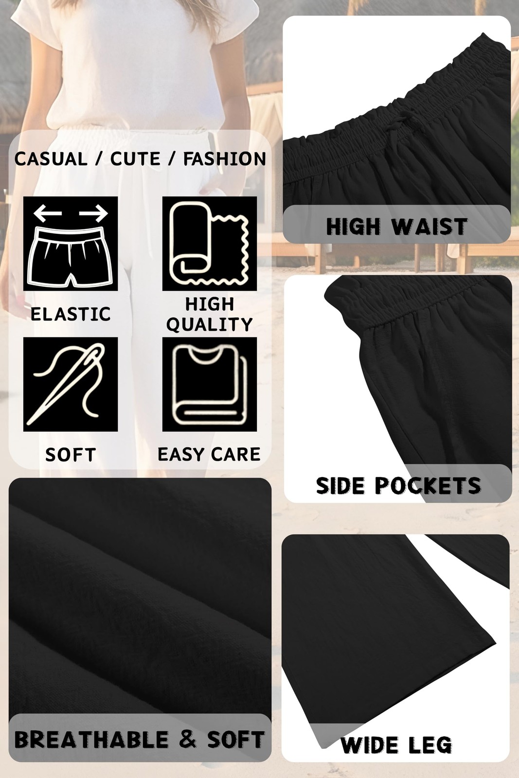 LNX Womens Linen Capri Pants Wide Leg High Waisted Drawstring Casual Cropped ... gallery