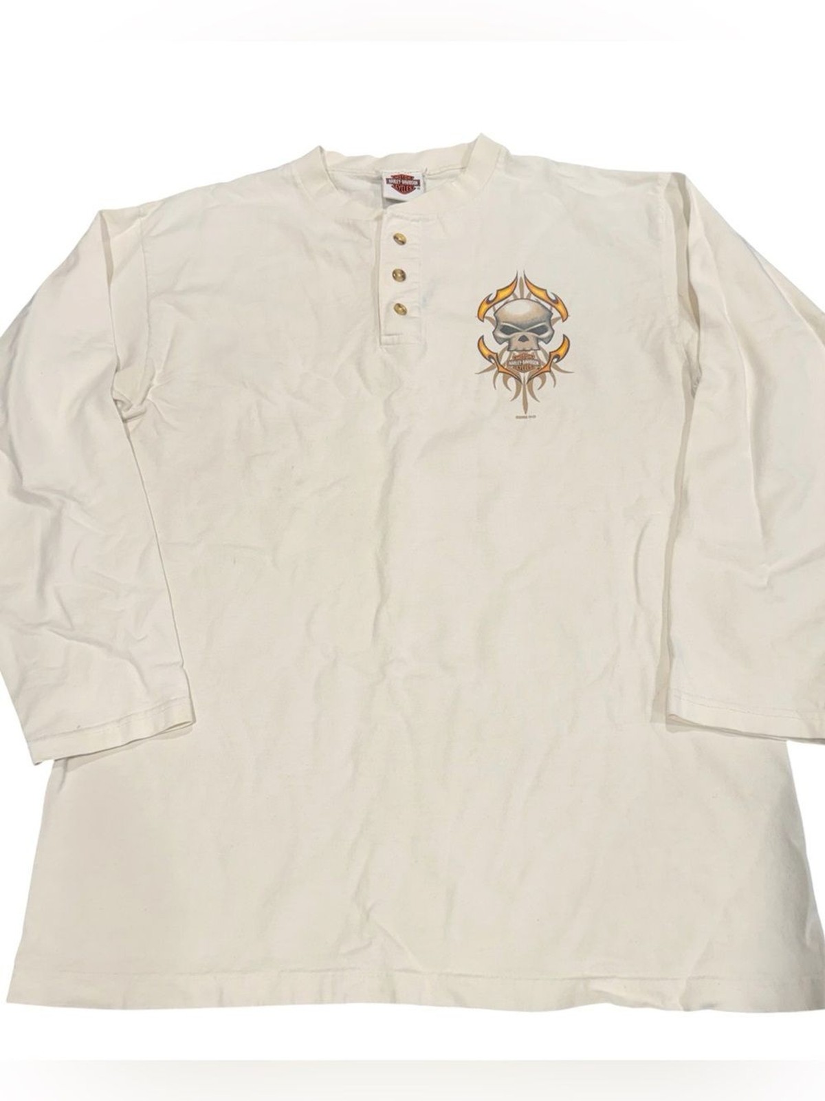 Harley Davidson vintage skull flame Henley long sleeve men’s large cream Y2K