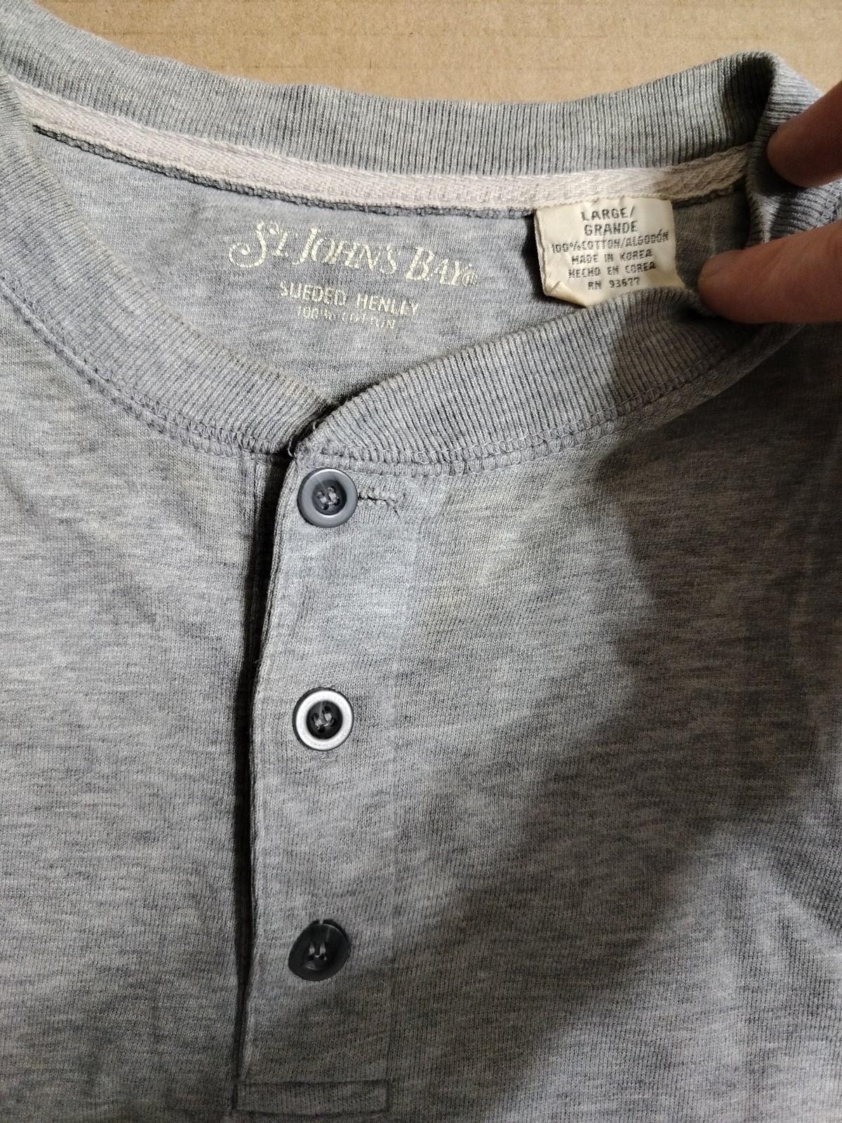 Vtg St Johns Bay Henley Mens L 100% Cotton 24 Pit 29 Long Stains Around Neck gallery