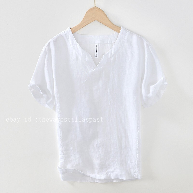 100% Linen Men T-shirt V Neck Summer Short Sleeves Retro Tops Casual Undershirt gallery