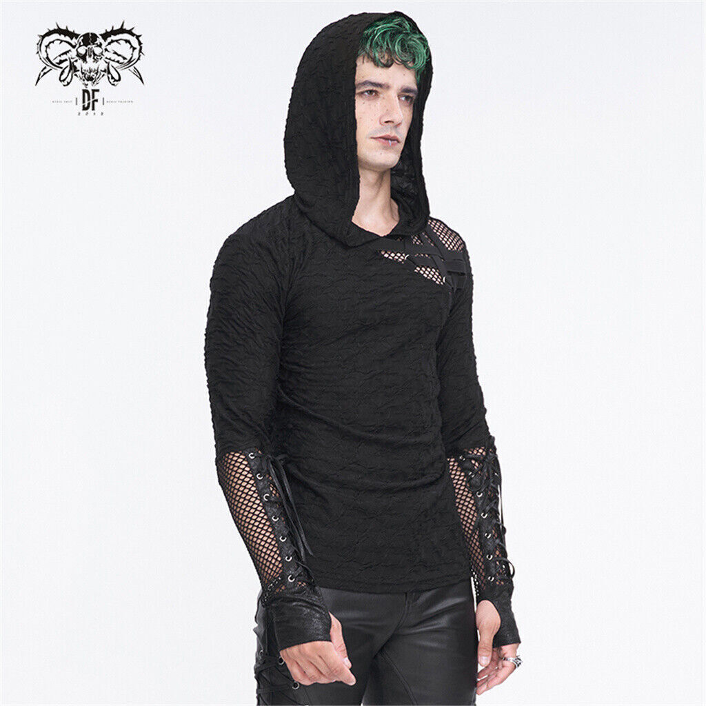 Devil Fashion Men Black Gothic Punk Mesh Splicing Casual Hooded T-Shirt Slim Top gallery