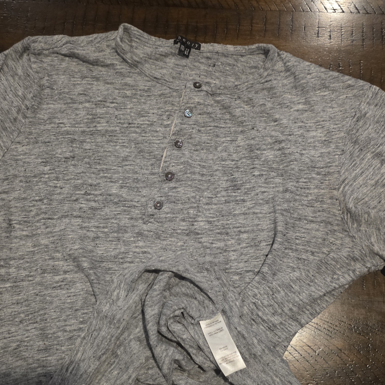 Theory Men's Gray Linen Jersey Henley T-Shirt Button Placket, See Measurements gallery