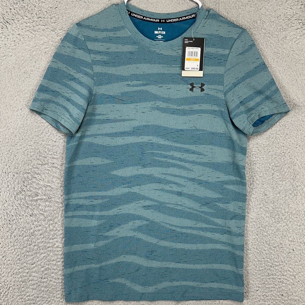 Under Armour Seamless Wave T-Shirt Mens Small Blue Nylon Blend Fitted Tee NEW gallery