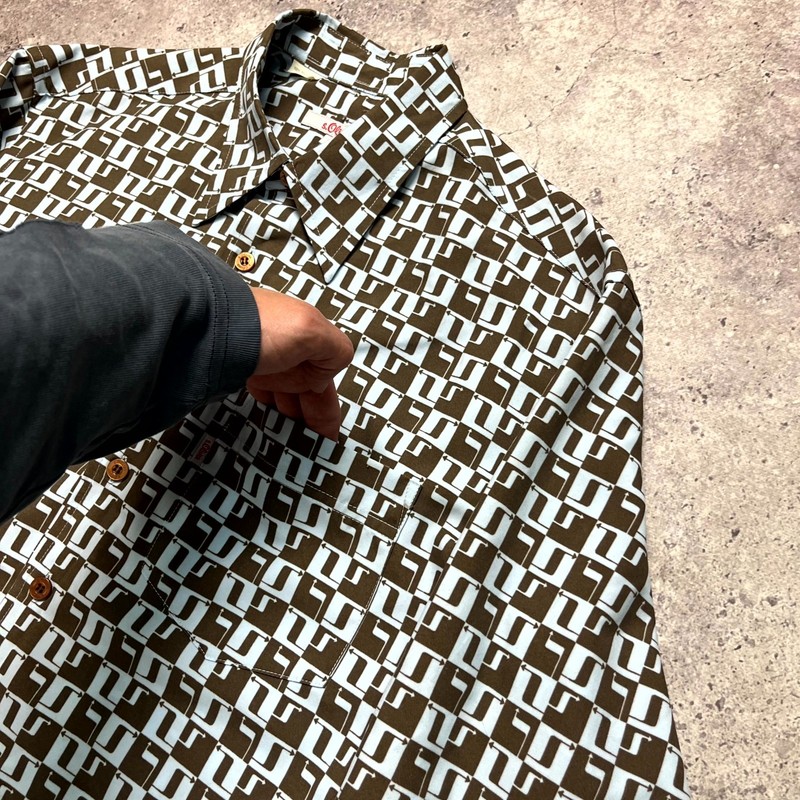 S.Oliver Geometric Pattern Print Blue Brown Long Sleeve Button Up Shirt Size M gallery