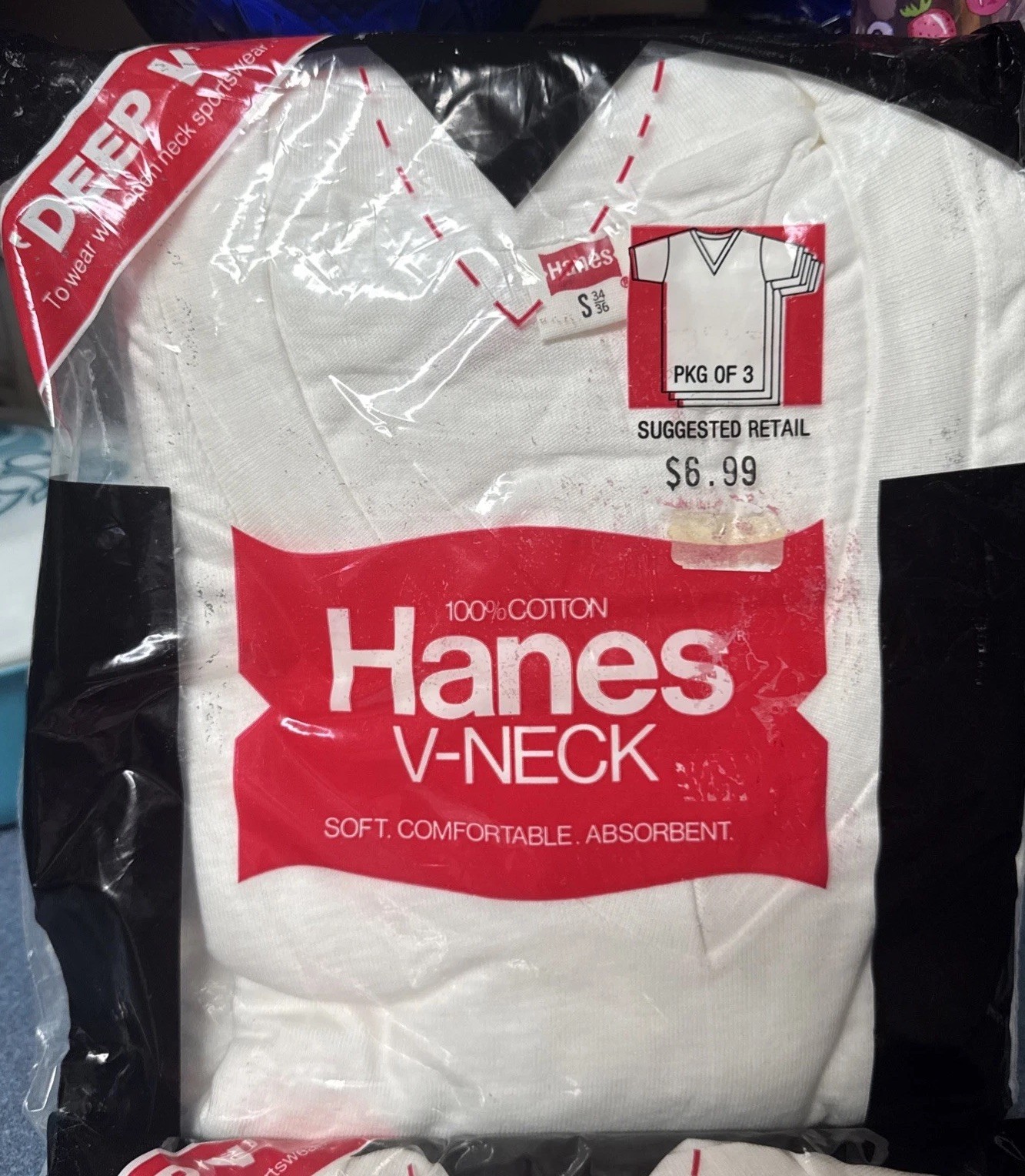 2- NOS 1979 HANES "Deep V" Cotton Men's V-Neck T-Shirt 3 Pack Size Small S 34/36 gallery