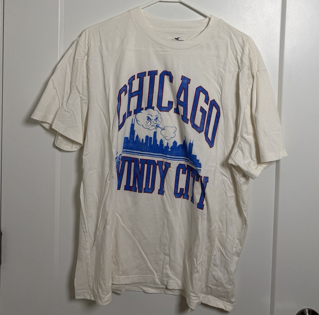 Hollister Men’s XL White Relaxed Fit Chicago Graphic Crew Neck Cotton T-Shirt