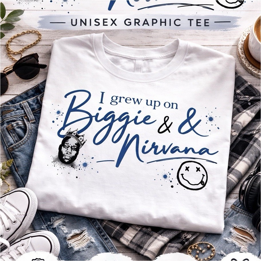 Graphic Tee I Grew Up on Biggie & Nirvana Music Multicolor Crew Neck One Size